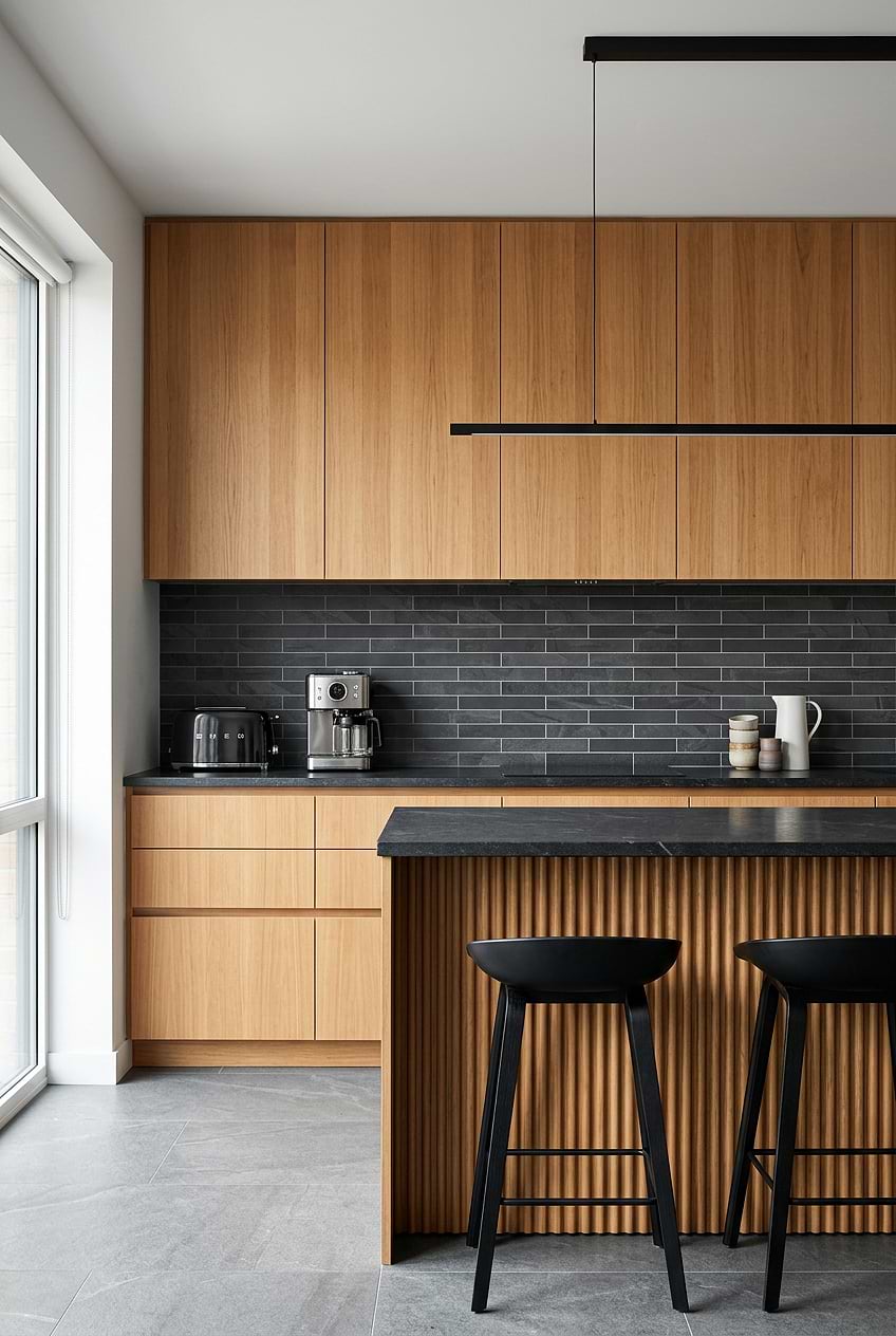 Black Slate Subway Tile with Wood Cabinets BA1045