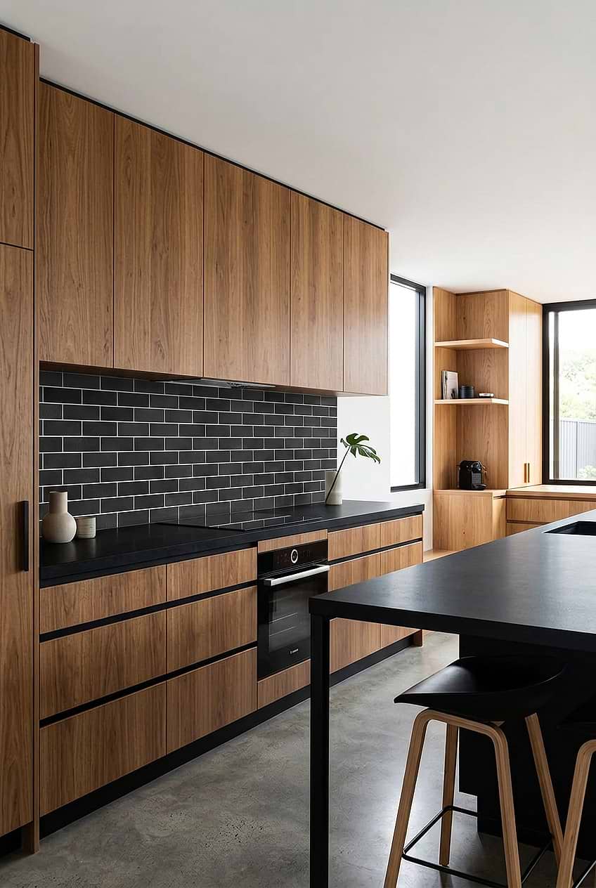Black Slate Tile with Natural Wood Cabinets BA1070