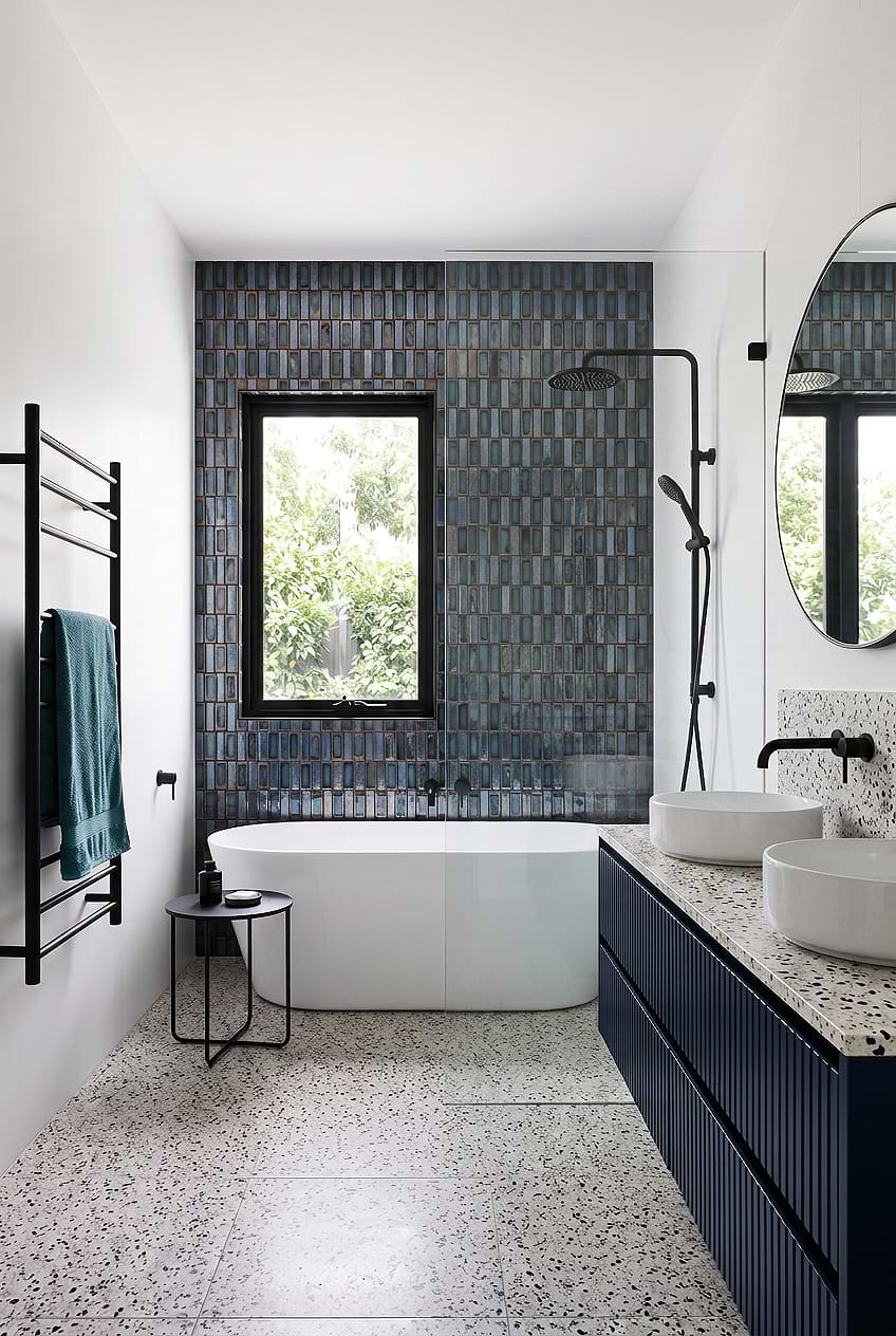 Blue Bathroom Vanity with Rustic Glass Wall Tile BA6204
