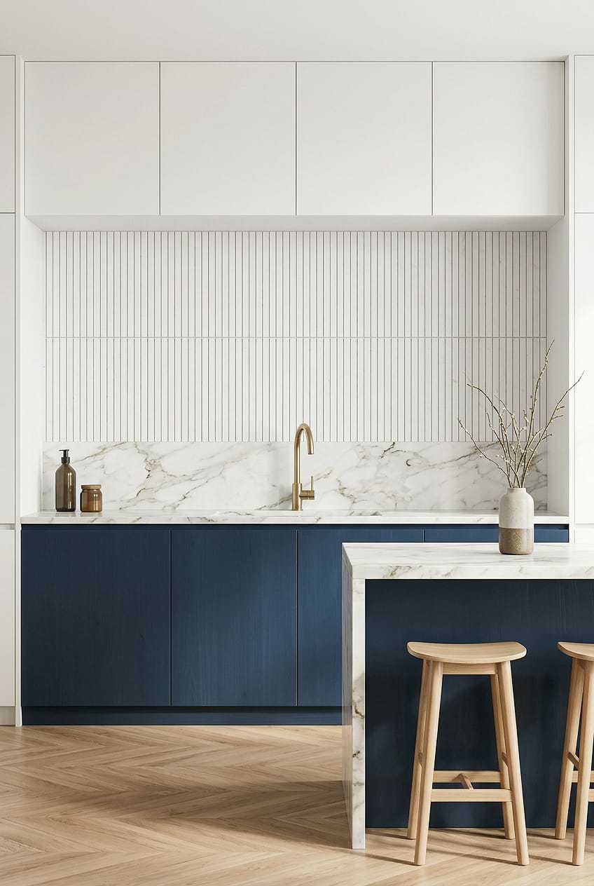 Blue Cabinets with White Vertical Marble Backsplash BA1078