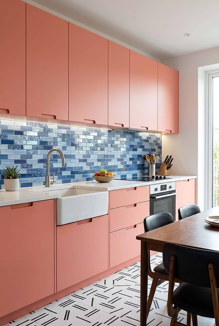 Blue Glass Backsplash Pink Cabinets BA5530 Blue Glass Backsplash Pink Cabinets BA5530