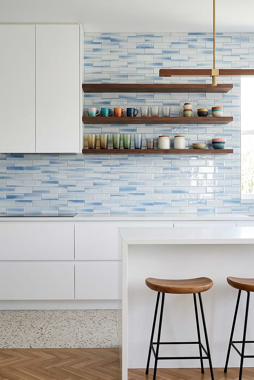 Blue Glass Backsplash with Floating Shelves BA5507 LOT C