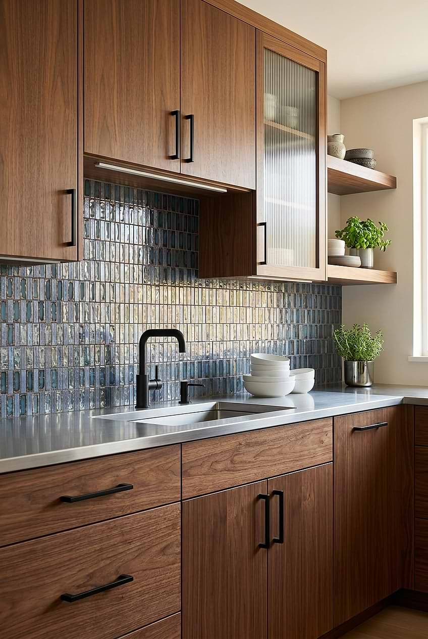 Blue Glass Backsplash with Walnut Cabinets BA6204