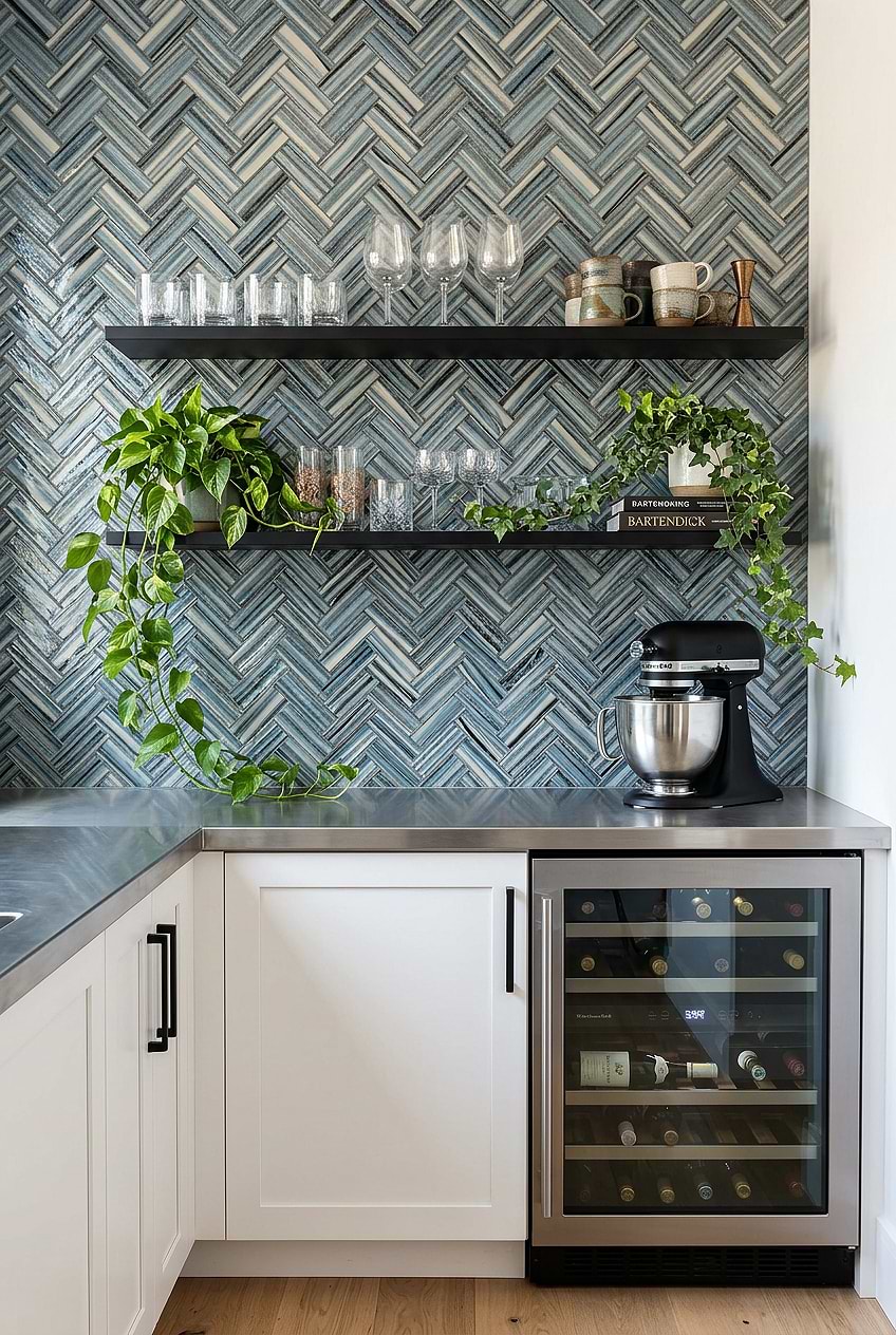 Blue Glass Herringbone Home Bar Backsplash BA5525