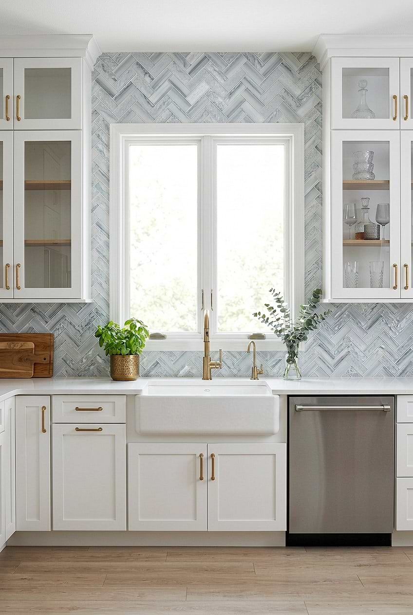 Blue Glass Herringbone Kitchen Backsplash BA5507 LOT A
