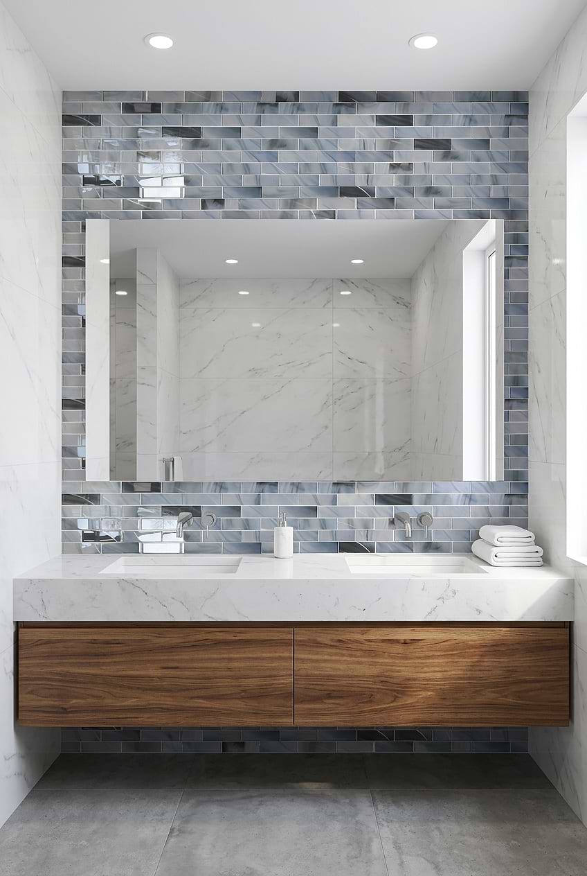 Blue Gray Glass Backsplash Wood Vanity BA8010