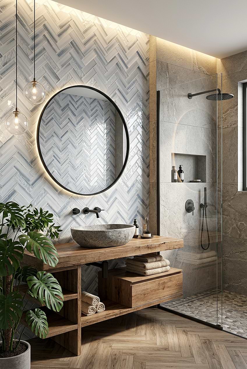 Blue Gray Glass Herringbone Bathroom Tile BA5507 LOT B