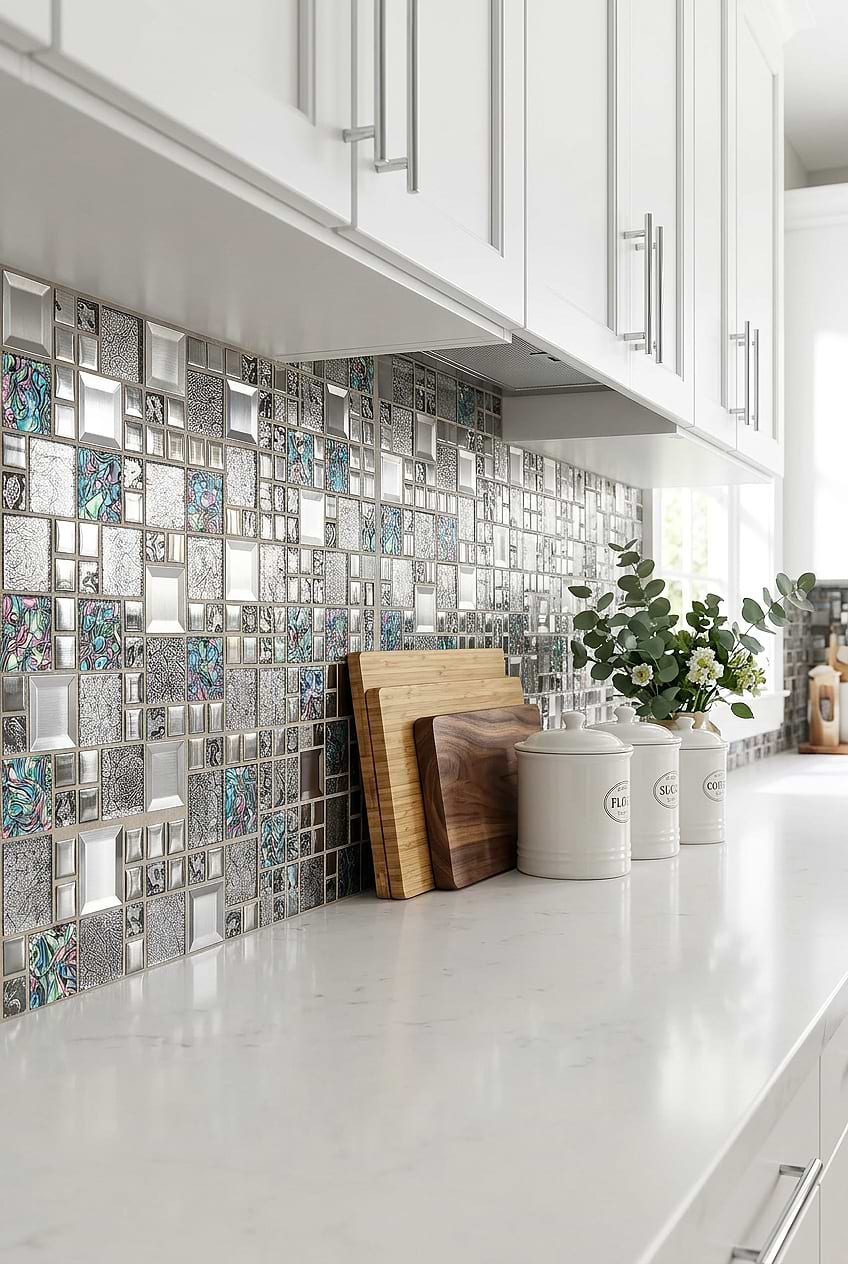 Blue Gray Glass Metal Mosaic Backsplash BA62011