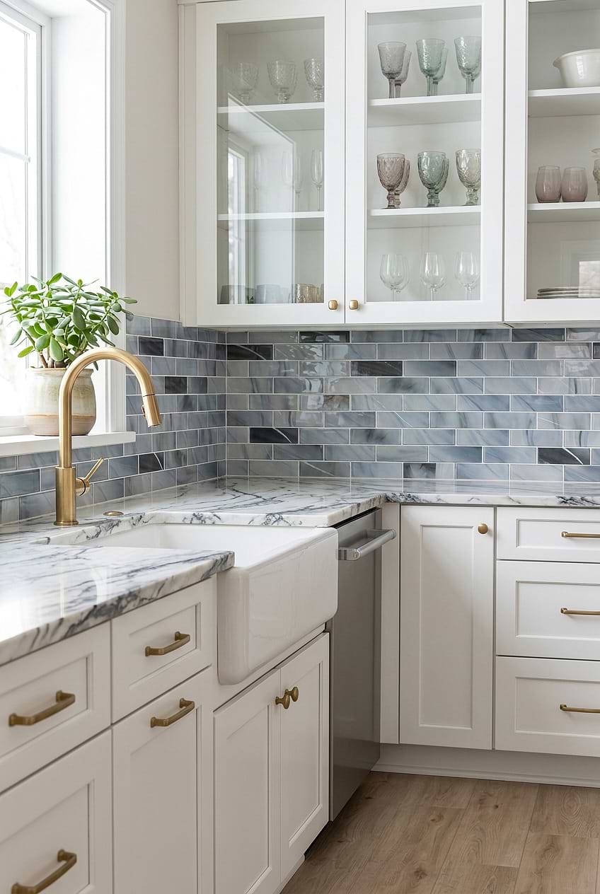 Blue Gray Glass Subway Backsplash BA8010