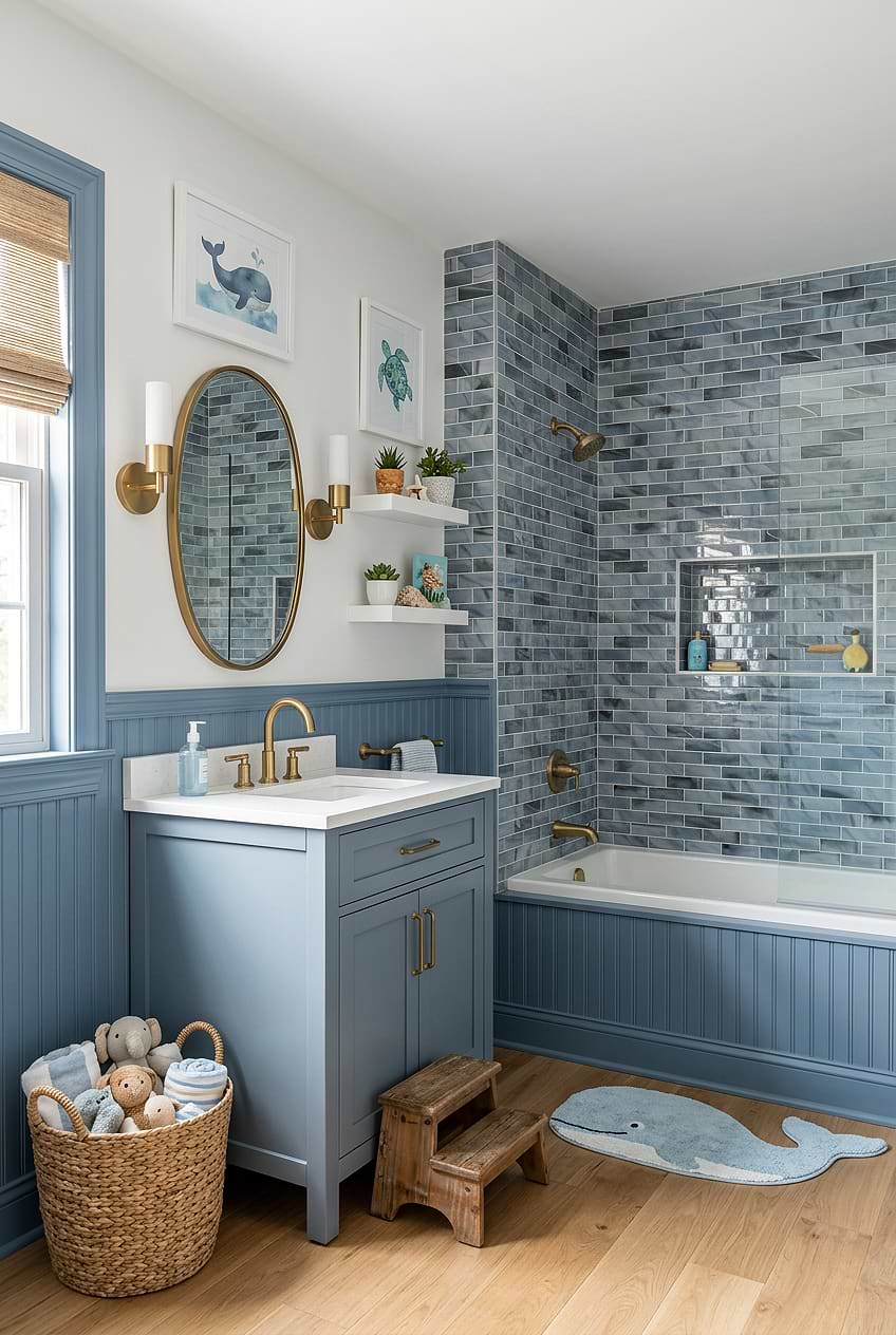 Blue Gray Glass Subway Boys Bathroom BA8010