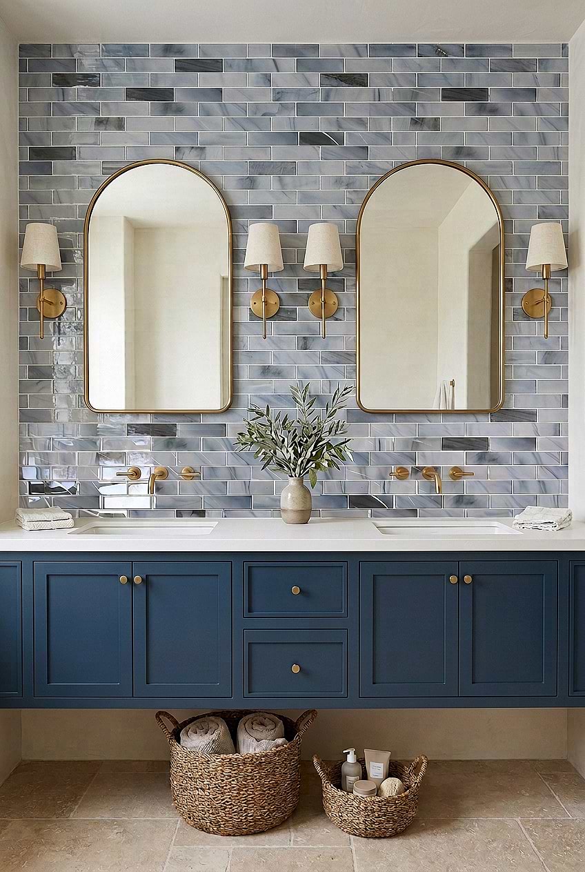 Blue Gray Glass Subway for Blue Vanity BA8010