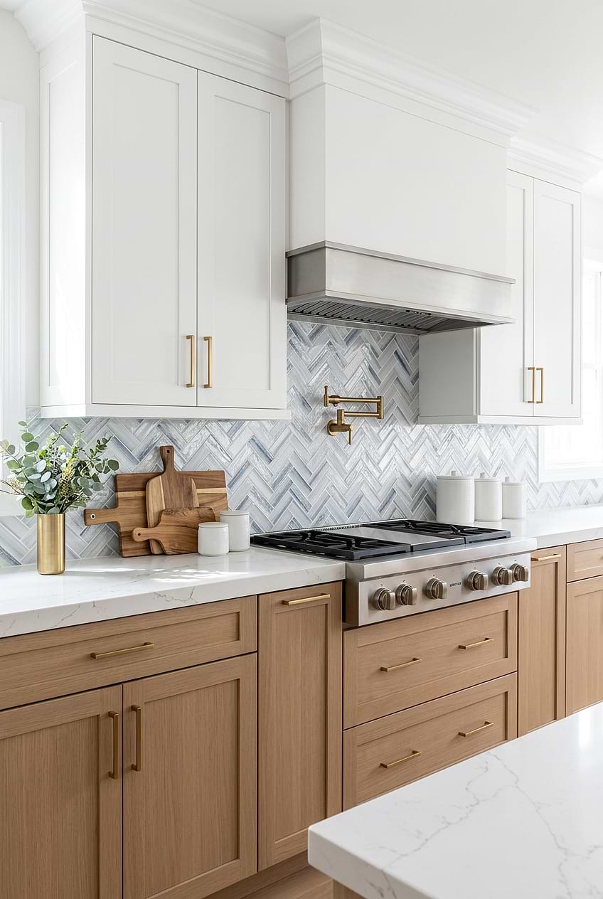 Blue Gray Herringbone Tiles Wood Cabinets BA5507 LOT B