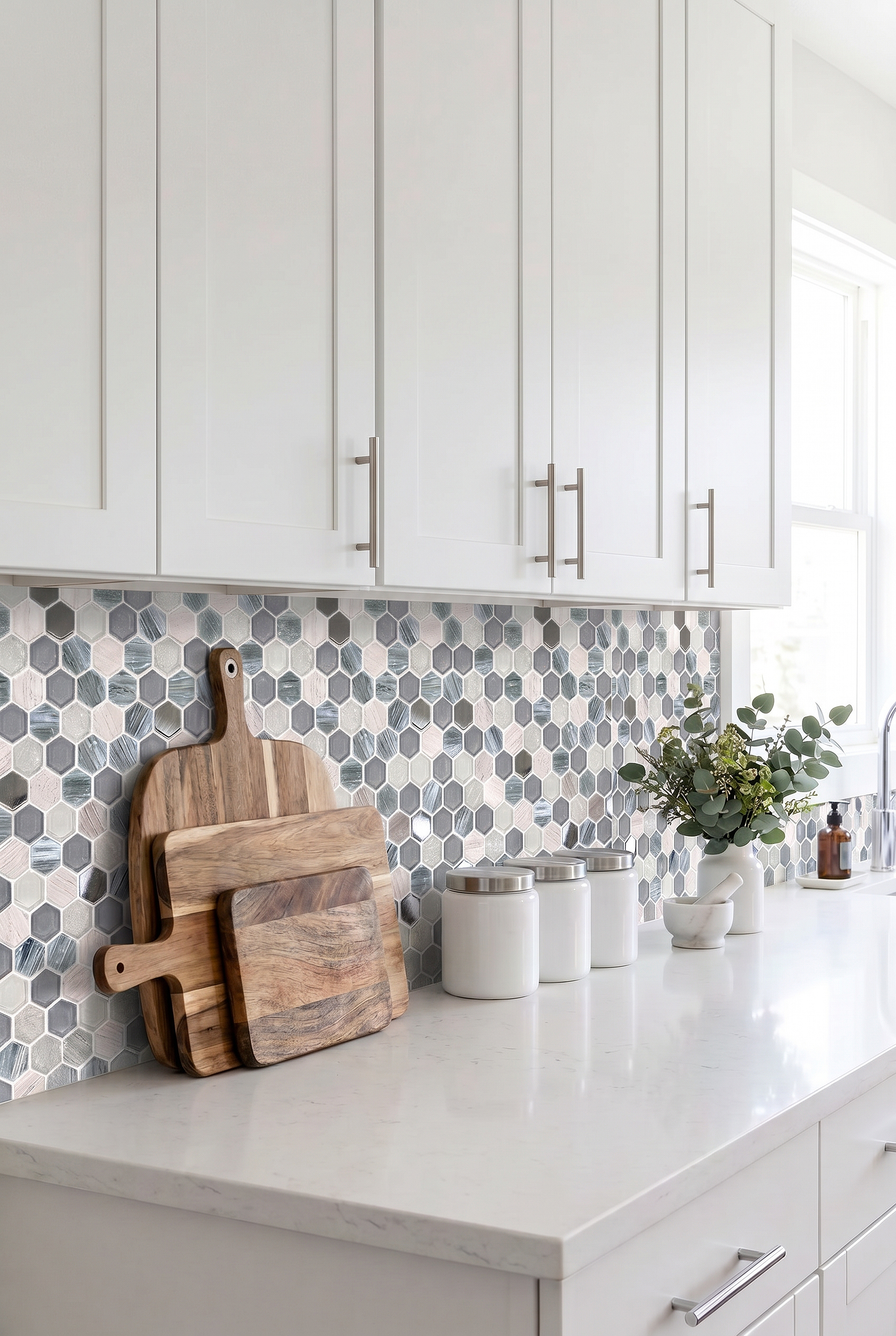Blue Gray Hexagon Glass Marble Backsplash BA62026