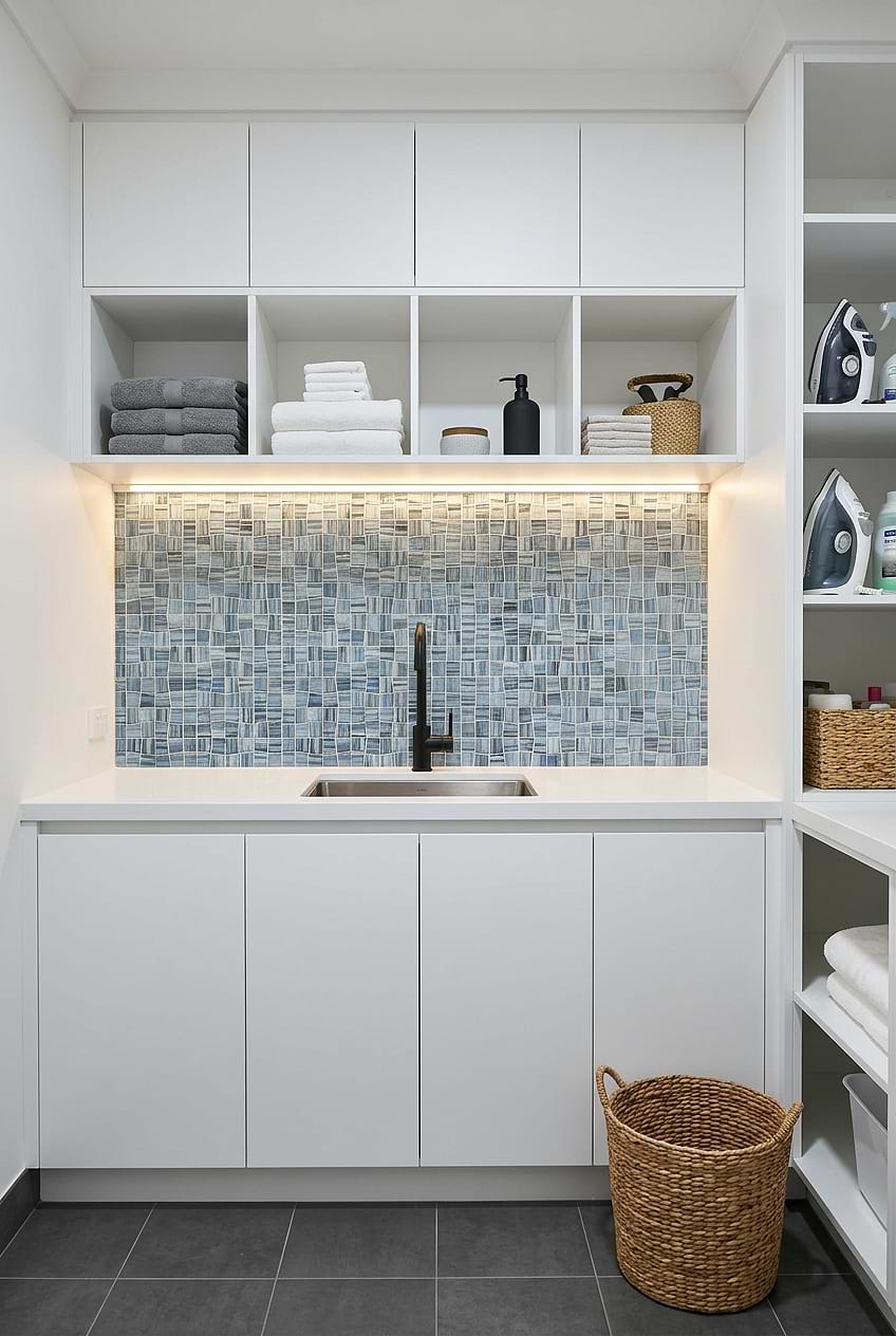 Blue Hand Painted Glass Laundry Room Backsplash BA5515