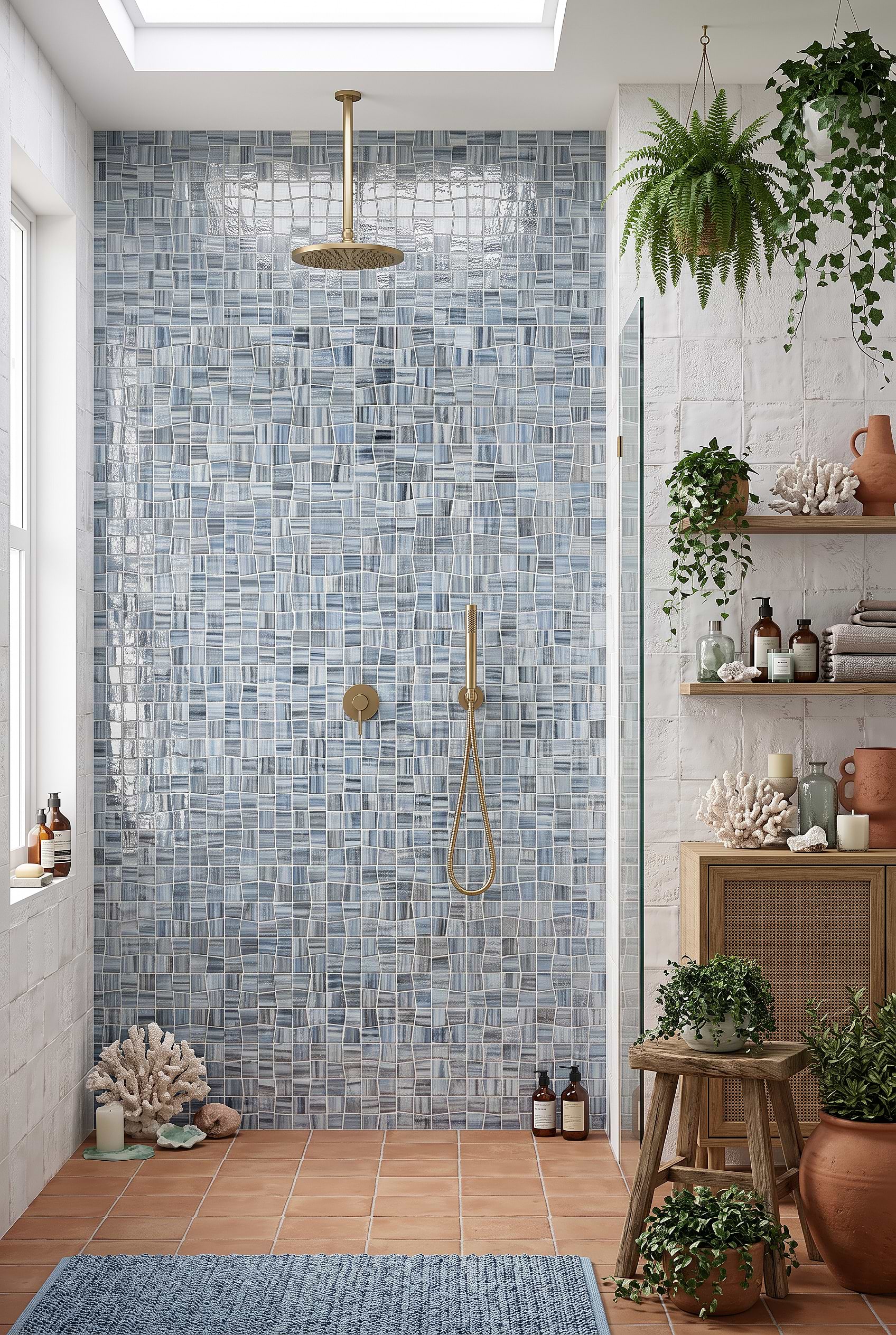 Blue Hand Painted Glass Shower Mosaic BA5515