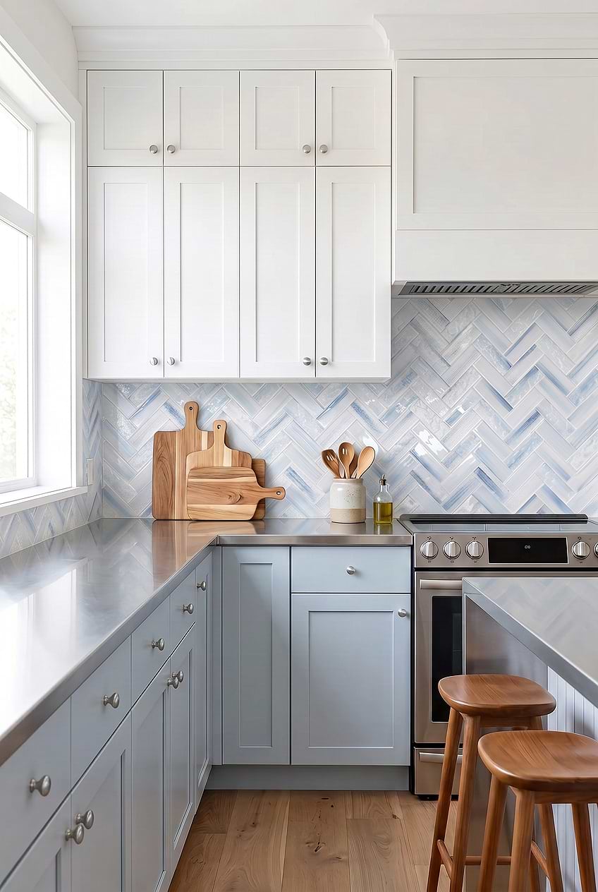 Blue Herringbone Tiles Stainless Steel Countertops BA5507 LOT C