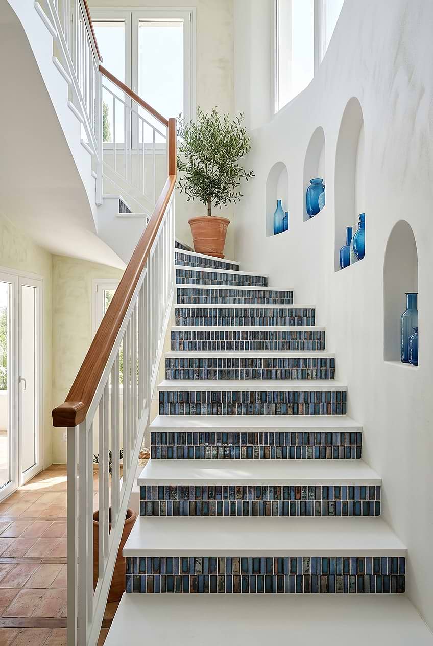 Blue Rustic Glass Mosaic Tile Stair Risers BA6204