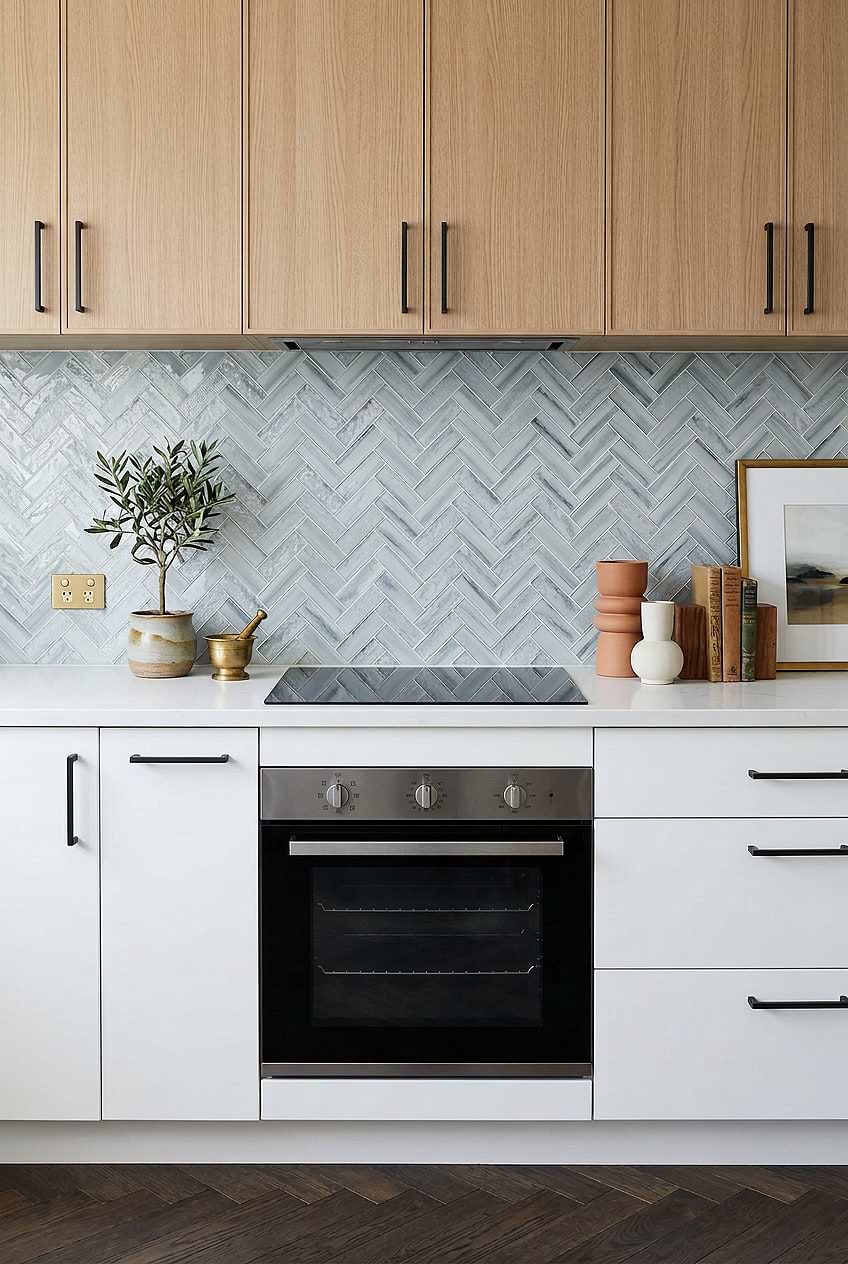 Blue Textured Glass Herringbone Kitchen Tile BA5507 LOT A