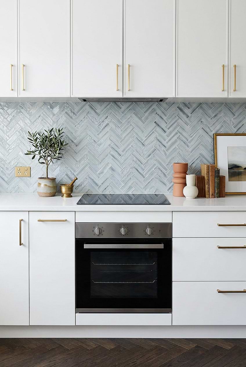 Blue Textured Glass Herringbone White Kitchen BA5507 LOT A