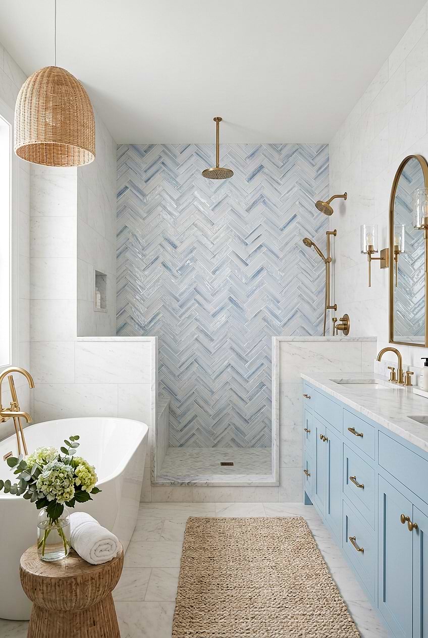 Blue Textured Herringbone Bathroom Tile BA5507 LOT C