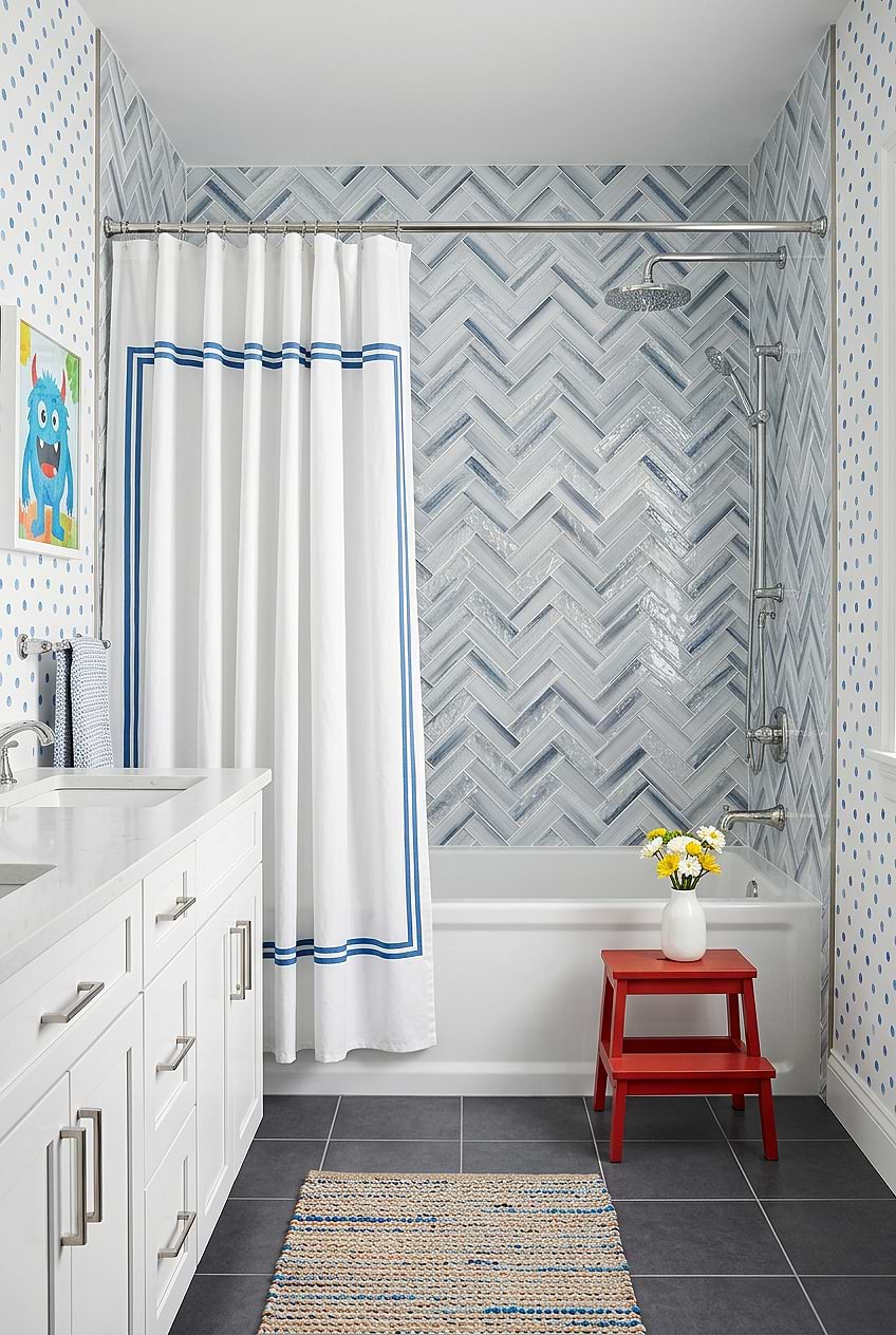 Boys Bathroom with Blue Gray Glass Herringbone Tile BA5507 LOT B