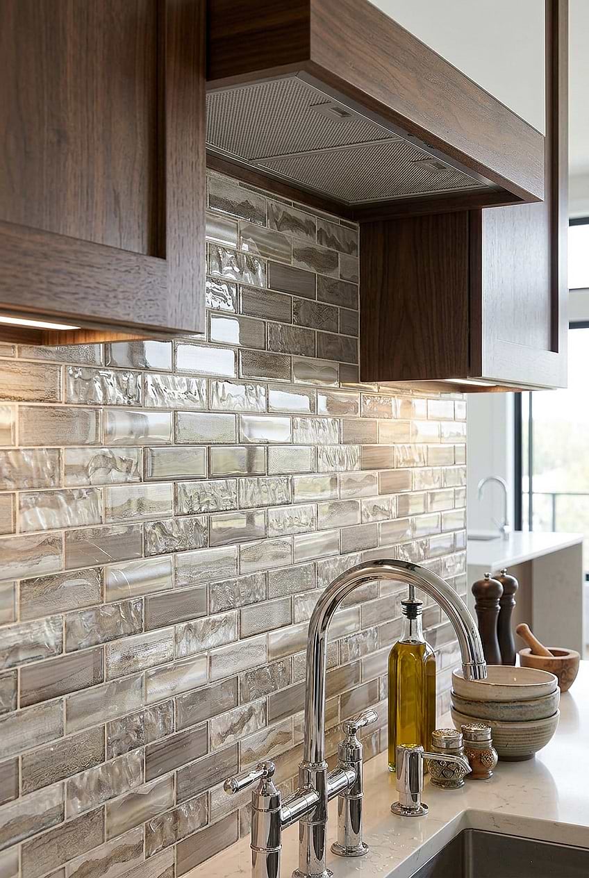 Brown Glass Subway Tile Wood Cabinets BA6201