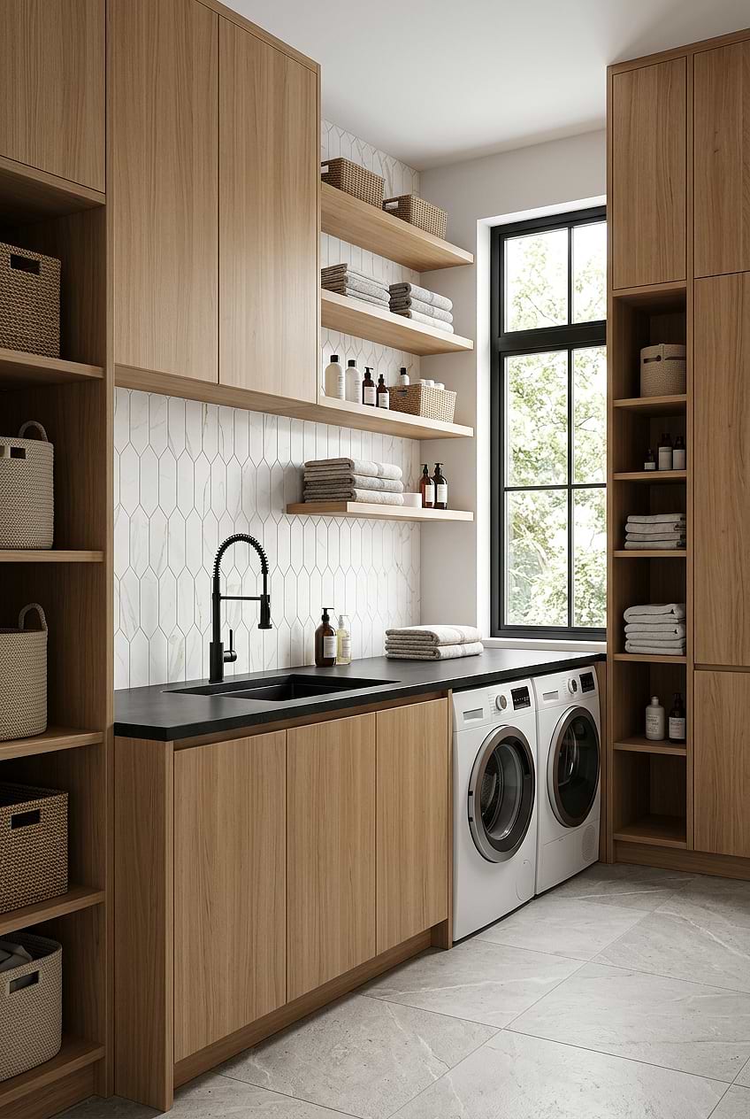 Calacatta Glass Mosaic Laundry Backsplash BA6702