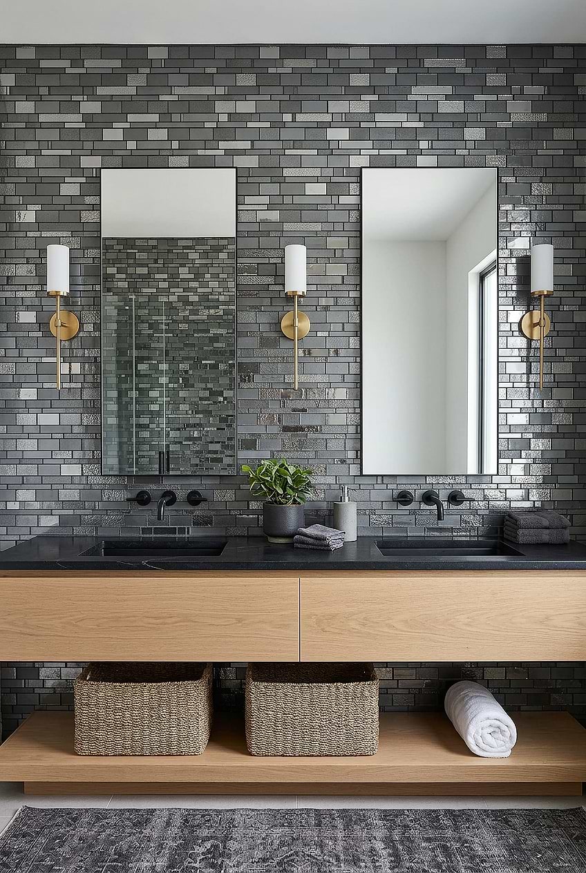 Charcoal Glass Backsplash with Double Vanity BA7018 Charcoal Glass Backsplash with Double Vanity BA7018