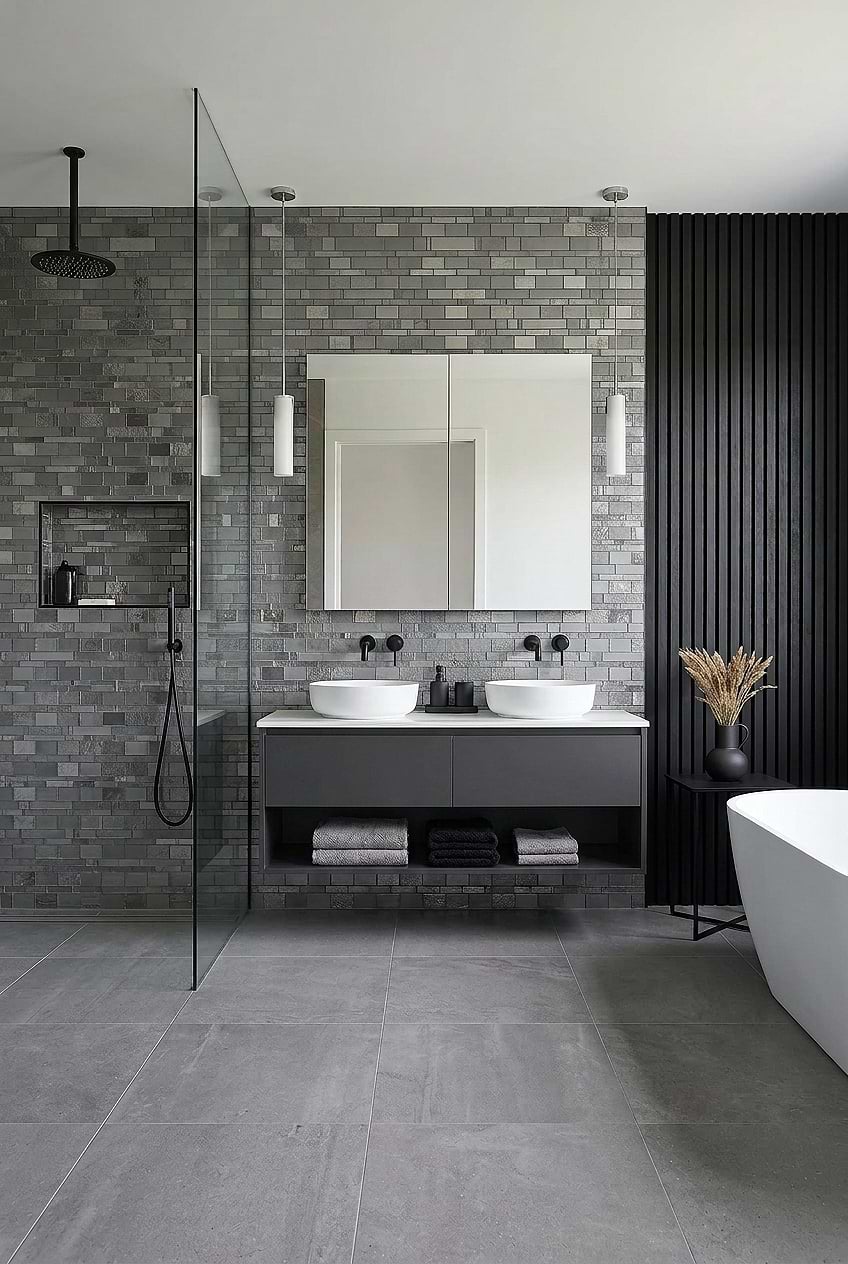Charcoal Glass Tile Modern Black Bathroom BA7018 Charcoal Glass Tile Modern Black Bathroom BA7018