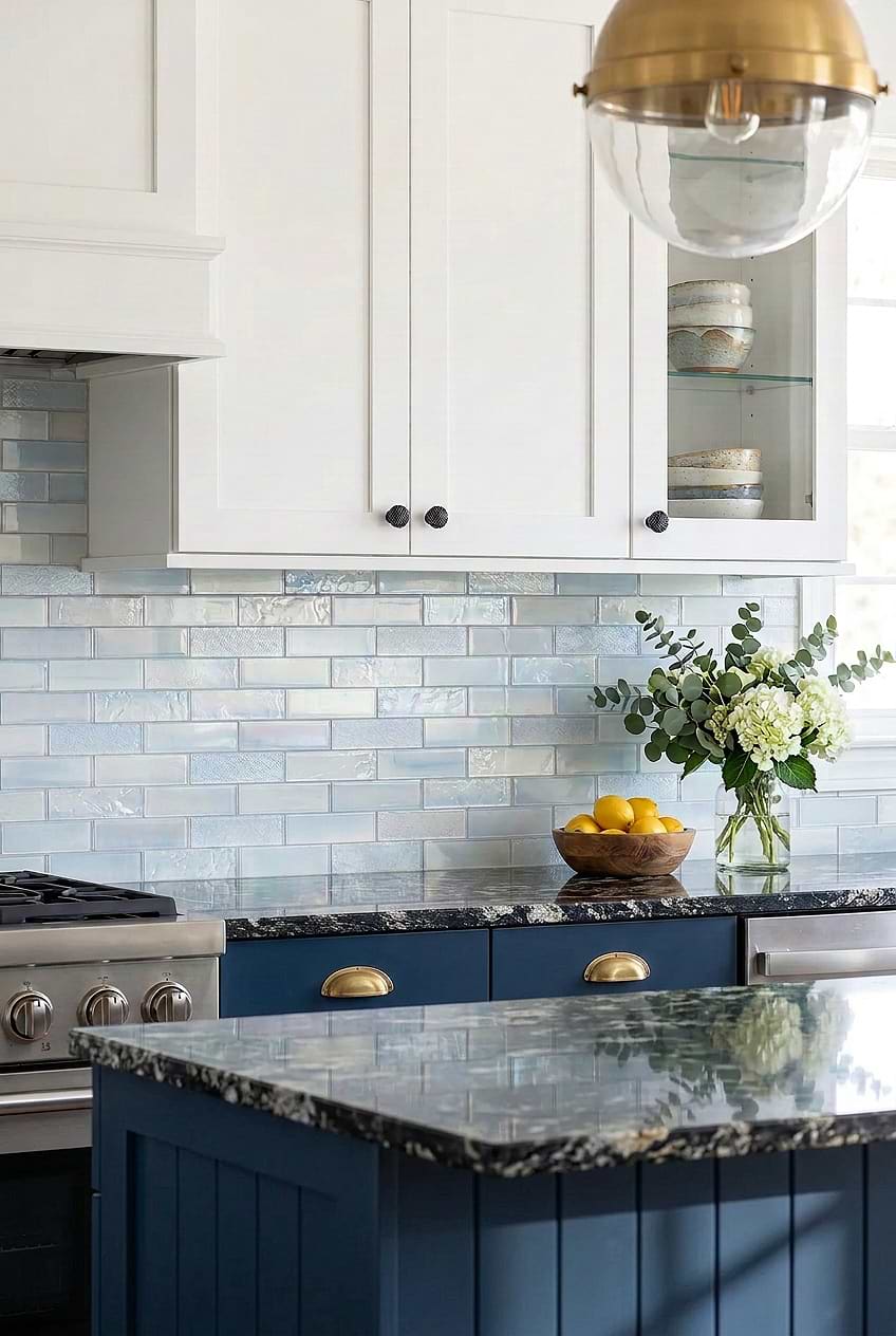 Cloud Blue Glass Backsplash Navy Cabinets BA5560 Cloud Blue Glass Backsplash Navy Cabinets BA5560