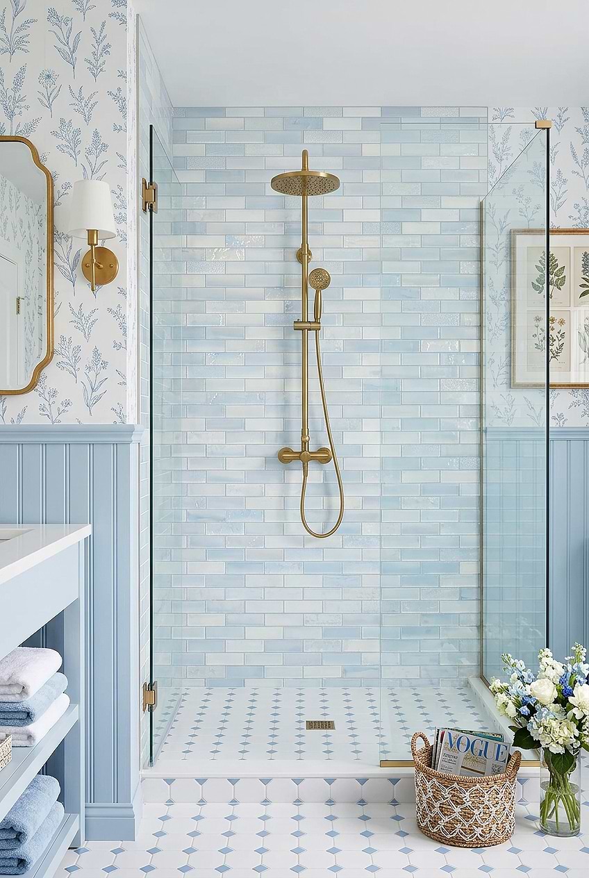 Cloud Blue Glass Subway Shower Wall BA5560 Cloud Blue Glass Subway Shower Wall BA5560