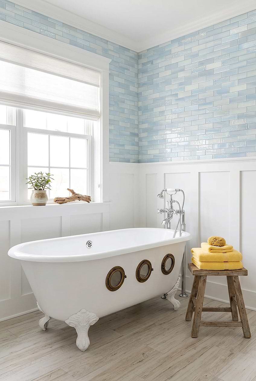 Cloud Blue Glass Subway Tile White Bathroom Wainscoting BA5560