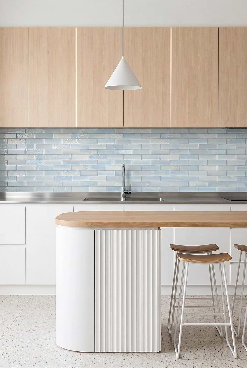 Cloud Blue Glass Tile with Stainless Countertop BA5560