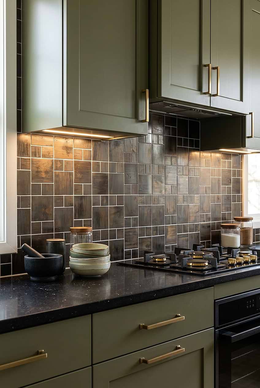 Copper Mosaic Tile Backsplash Green Cabinets BA1114