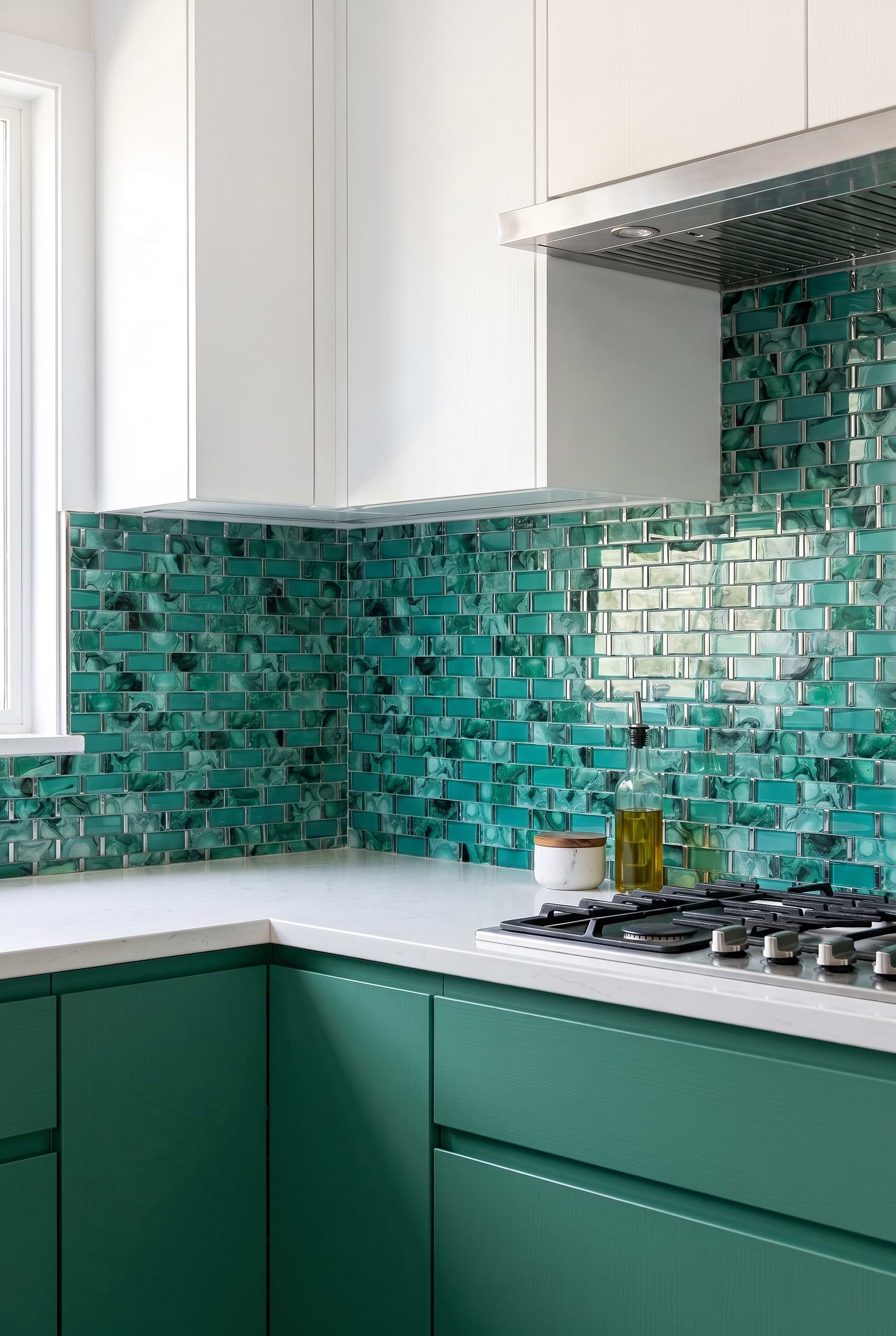 Emerald Glass Subway Backsplash Green Cabinets BA8013