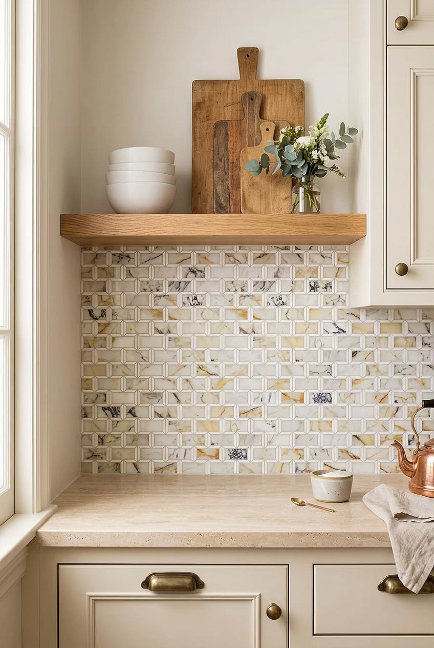 Geometric Multicolor Marble Backsplash Cream Cabinets BA6330 Geometric Multicolor Marble Backsplash Cream Cabinets BA6330