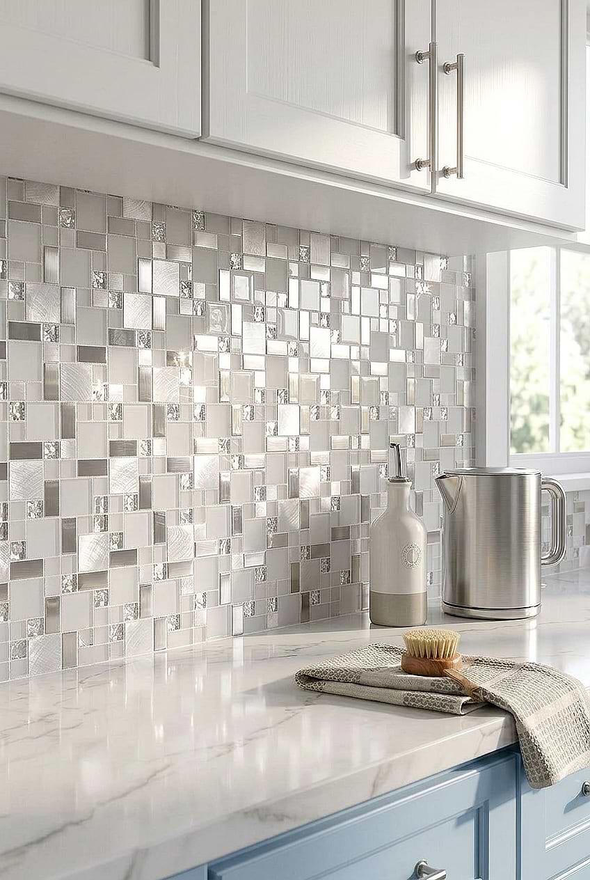 Glass Metal Backsplash for Blue and White Kitchen BA1138