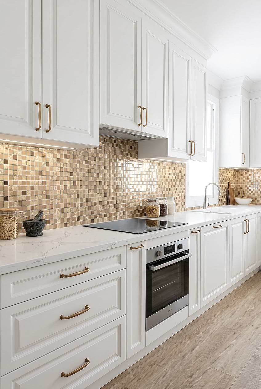 Gold Copper Mosaic Tile White Kitchen BA1134