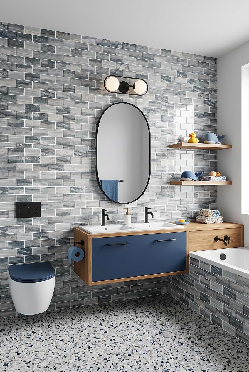 Gray Beige Glass Subway Boys Bathroom BA8009