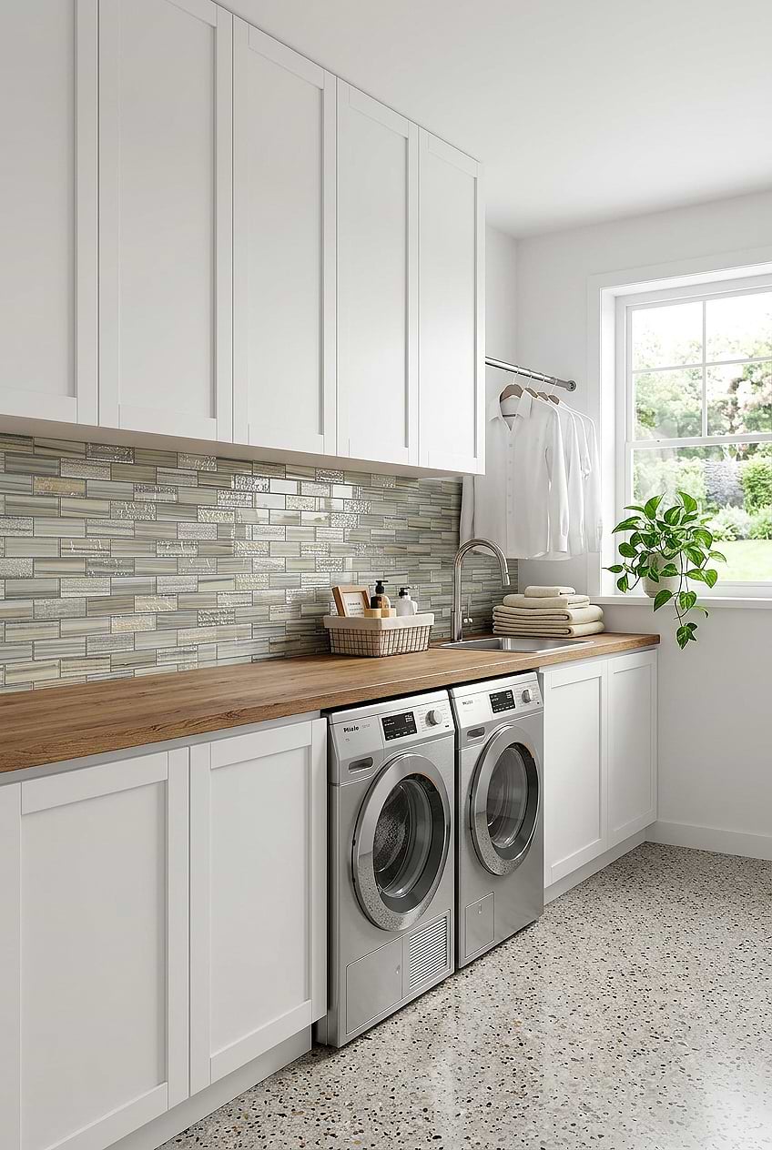 Gray Blue Glass Laundry Room Backsplash BA5565