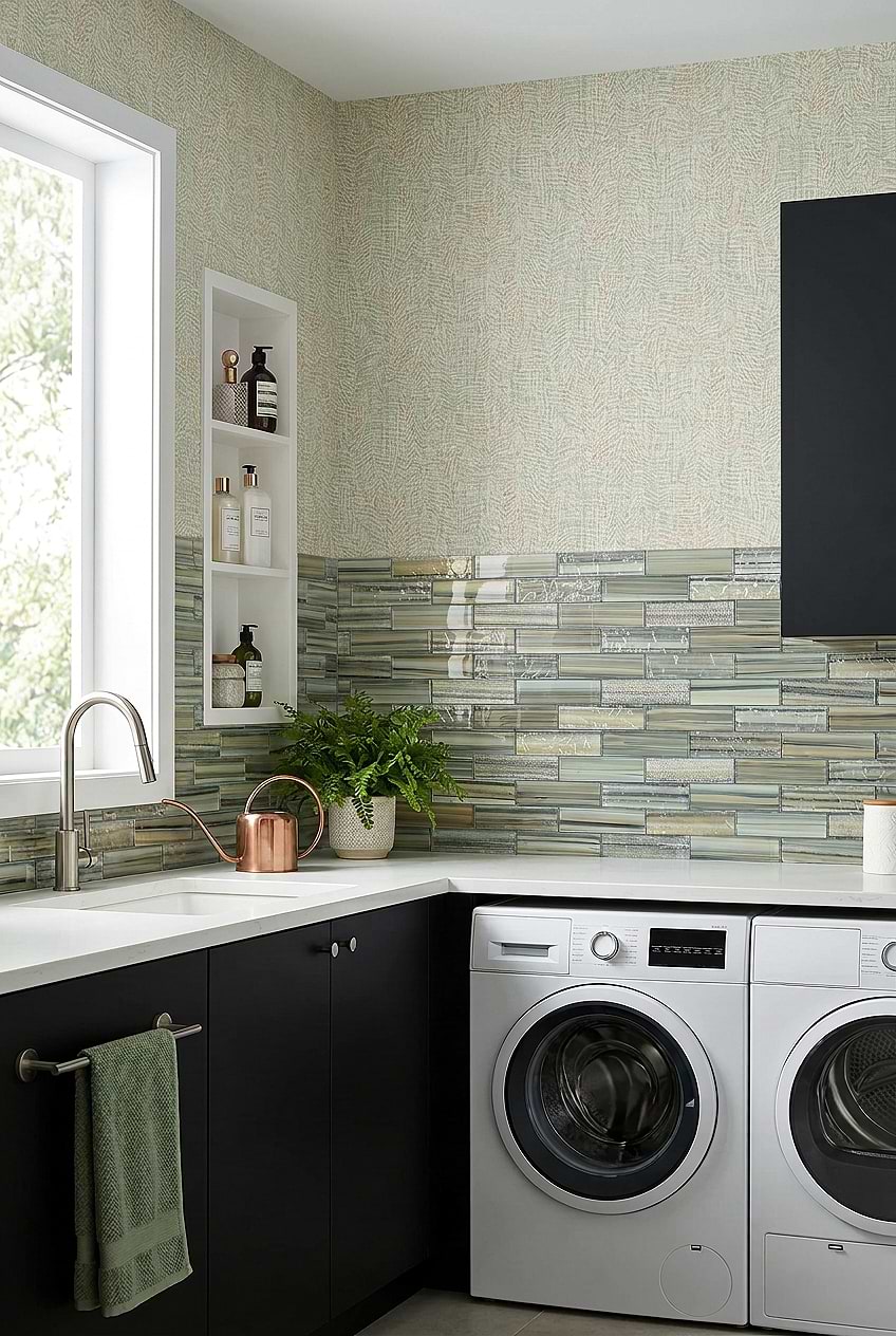 Gray Blue Glass Linear Laundry Backsplash BA5565