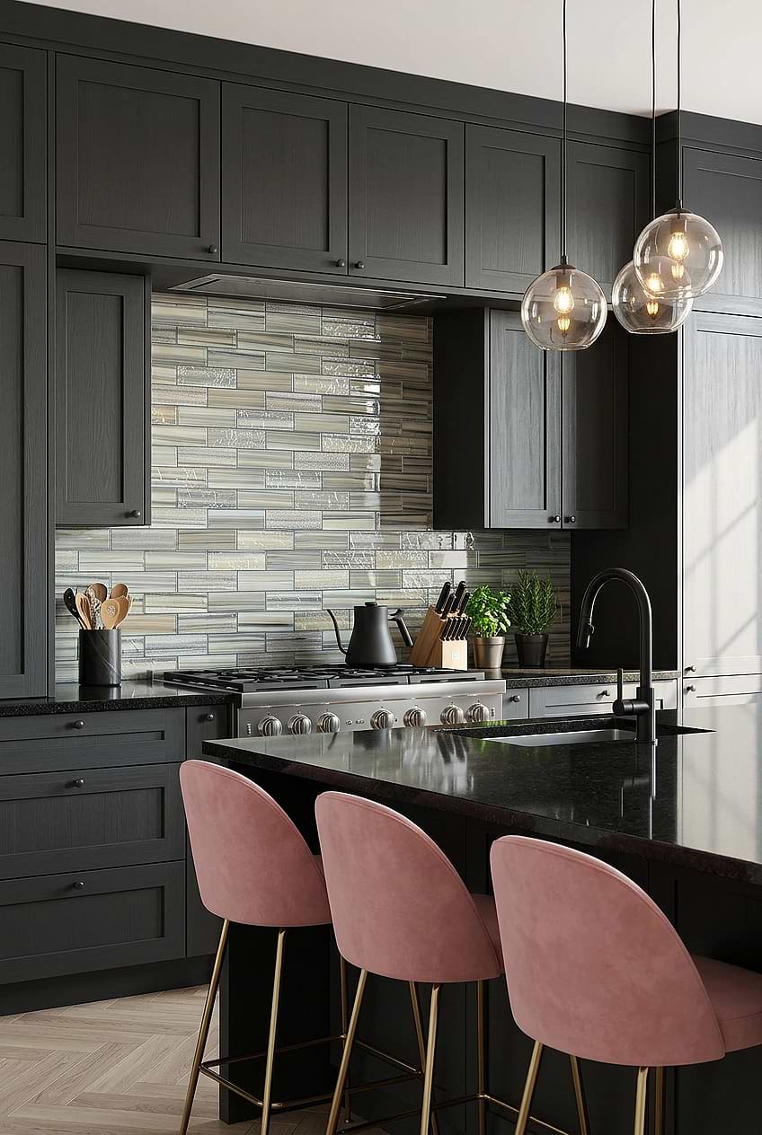 Gray Blue Glass Subway Tile Kitchen BA5565