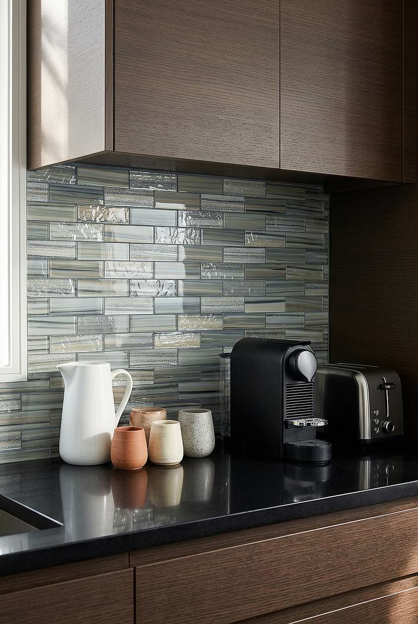 Gray Blue Glass Subway Tile with Black Countertop BA5565