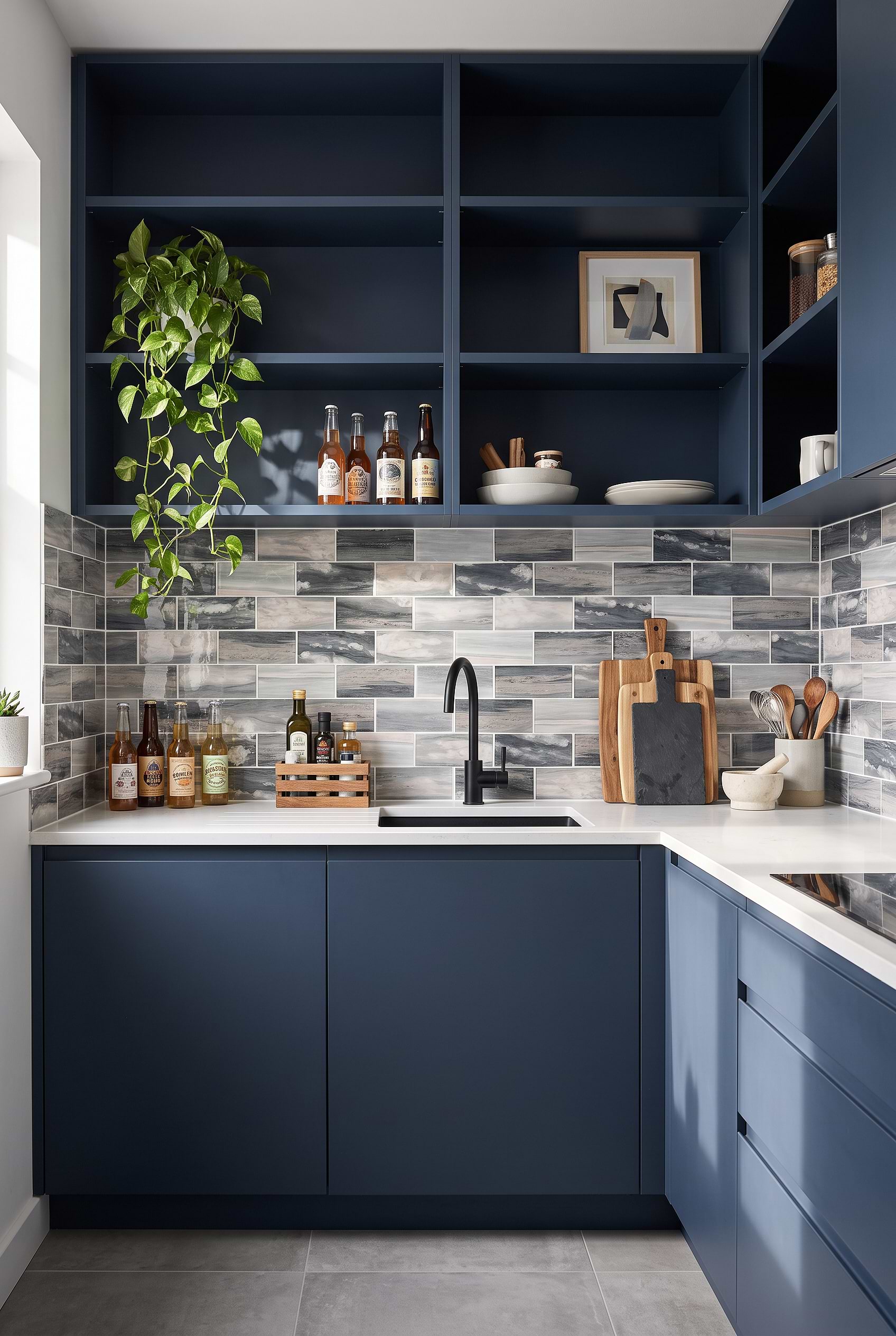 Gray Glass Subway Backsplash Blue Cabinets BA8009