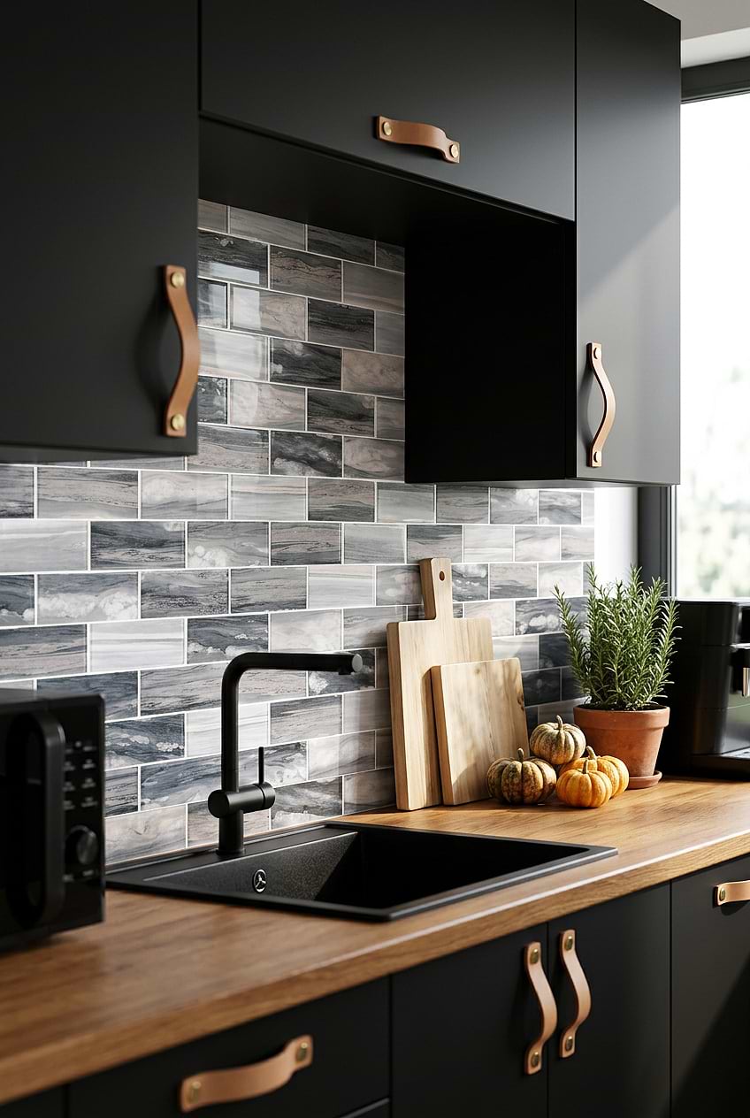 Gray Glass Subway Tile Wood Countertop BA8009