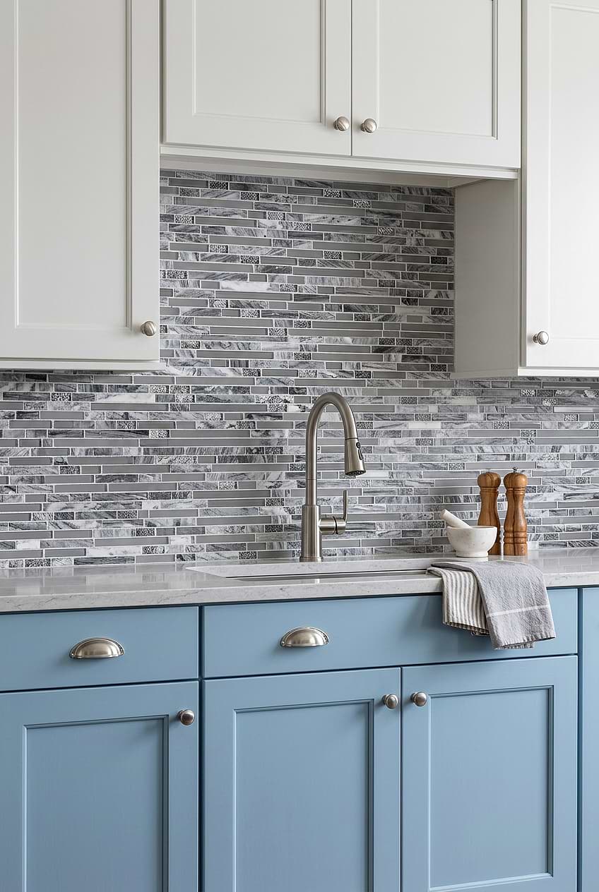Gray Marble Glass Linear Mosaic Backsplash BA1037