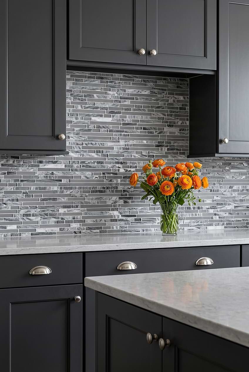 Gray Marble Glass Mosaic Backsplash BA1037