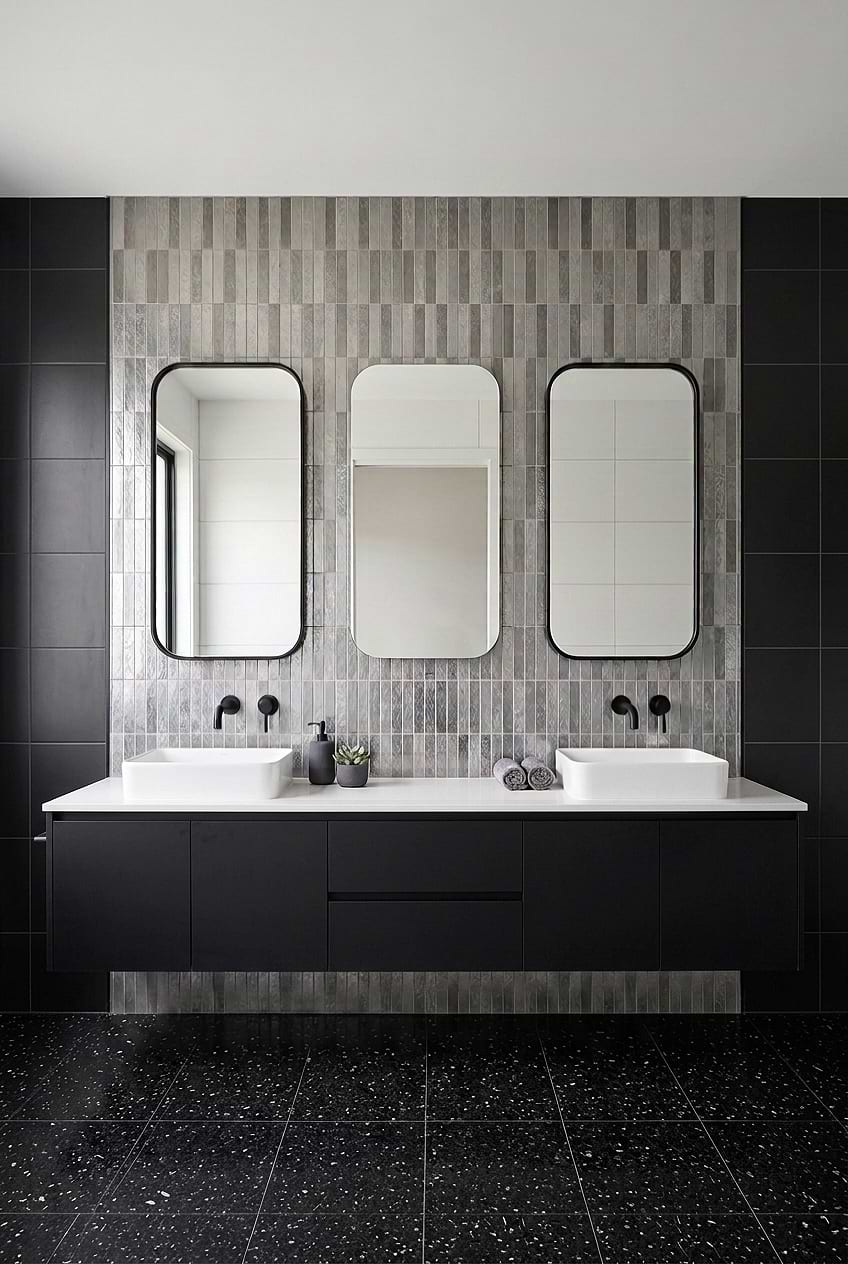 Gray Metallic Vertical Tile Black Bathroom BA6205 Gray Metallic Vertical Tile Black Bathroom BA6205