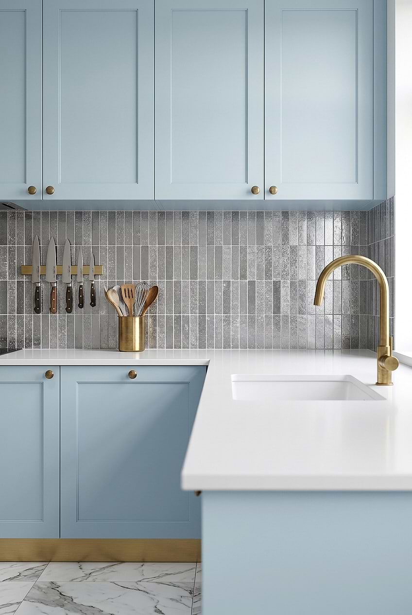 Gray Metallic Vertical Tile Kitchen Backsplash BA6205