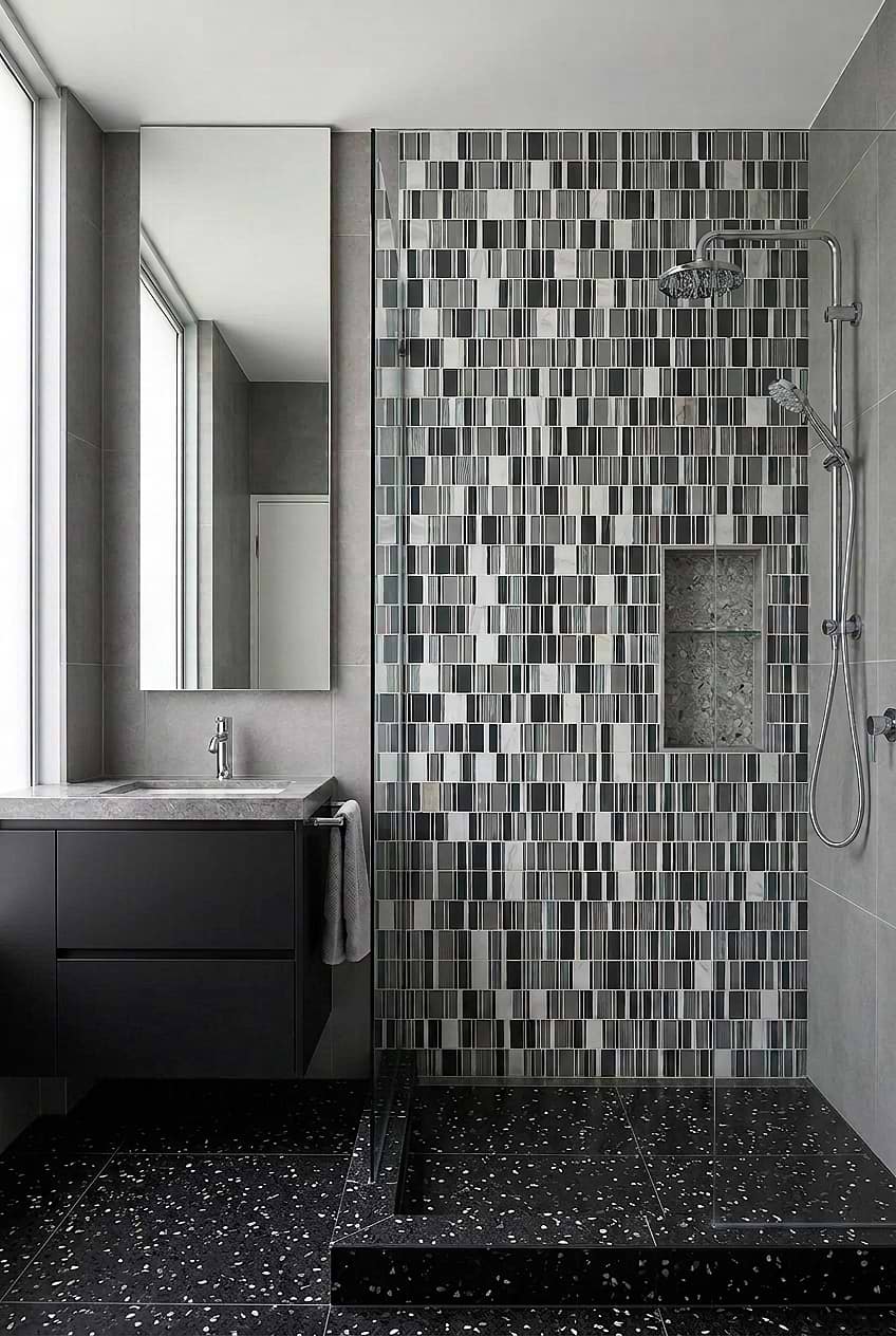 Gray Silver Glass Mosaic Shower Bathroom BA1191 Gray Silver Glass Mosaic Shower Bathroom BA1191